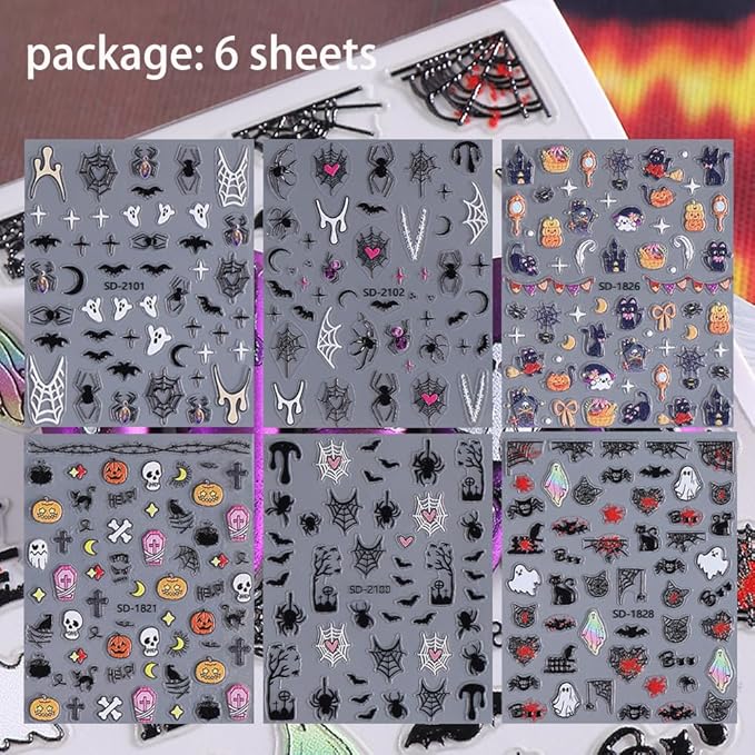 6 Sheets Halloween Nail Stickers for Nail Art, 5D Embossed Self-Adhesive Ghost Pumpkin Spider Web Nail Decals, Castle Nail Supplies Nail Art Design Accessories for Women Girls Manicure DIY Decoration