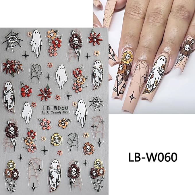 4 Sheets Cute Ghost Nail Art Stickers and Halloween French Flower Nail Decals Design 5D Self-Adhesive Brown Green Spider Web Nail Stickers Personalized Nail Art Supplies Stickers for DIY Manicure