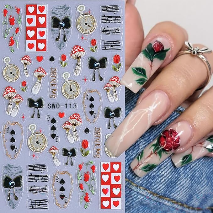Halloween Nail Stickers 5D Spooky Skull Spider Nail Decals DIY Self Adhesive Mushroom Crow Flower Spider Web Nail Design Sticker Nail Decoration Supplies Holiday Manicure Accessories for Women 3Pcs