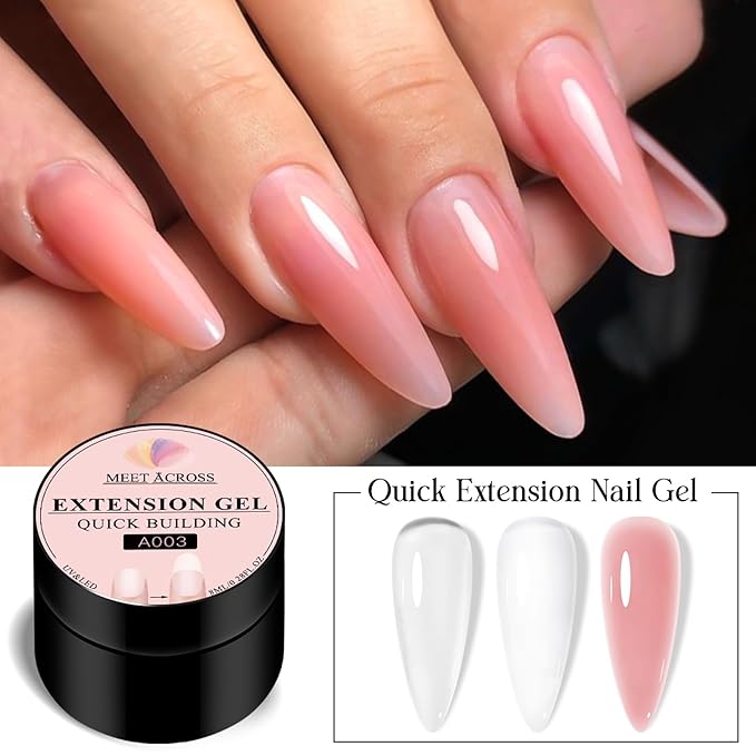MEET ACROSS Poly Nail Gel 8Pcs Nail Extension Gel Set and Nail Extension Starter Kit for Beginners Nail Art DIY Home Gifts for Women (Clear + White + Pink, 8pcs)