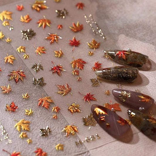 Autumn Maple Leaves Nail Stickers - 5D Embossed Thanksgiving Day Nail Art Decals, Gold Maple Leaf Fall Stickers, Self-Adhesive