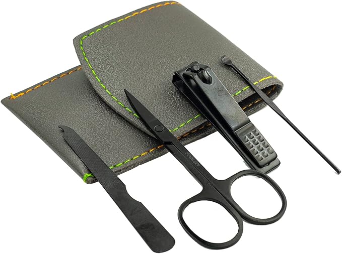 Nail Clipper Set, 4PCS Manicure Set Fingernail Clippers Kit Black Stainless Steel Pedicure and Manicure Kit with Grey PU Leather Case