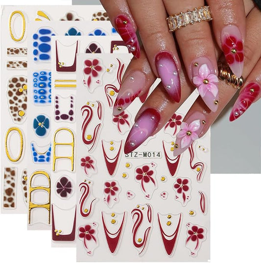 4 Sheet Fall Flower Nail Art Stickers 3D Self-Adhesive French Tip Nail Stickers with Golden Gilding Lines Leopard Print Design Autumn Floral Nail Decals Nail Art Supplies for Women Acrylic Manicure