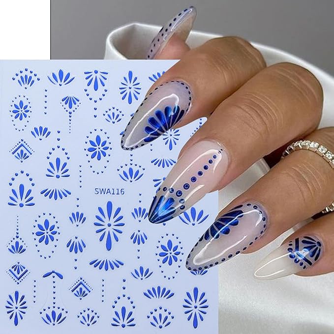 6Sheets Retro Flower Nail Art Stickers 3D Bohemian Style Design Nail Decals Self-Adhesive Gold Silver Petals Line Nail Sticker Boho Blue Floral Nail Decal for Women DIY Manicure Charms Decor Supplies