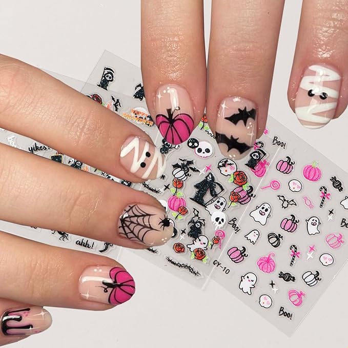 30Sheets Halloween Dark Style Nail Art Sticker 3D Halloween Ghost Bat Nail Stickers Pumpkin Spider Nail Design Slider Multi-Elements Halloween Sticker Decal for Acrylic Nails Manicure Accessory Decor