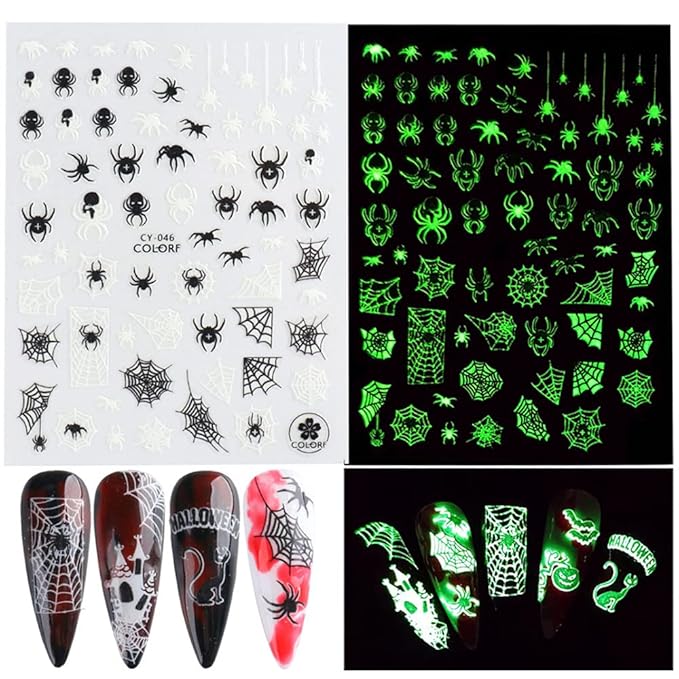 Luminous Nail Stickers - 3D Halloween Nail Art Designs - Skull, Ghost, Pumpkin, Spider, Bat Decals - Self-Adhesive, 6 Sheets