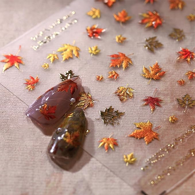 5D Embossed Jelly Maple Leaf Autumn Nail Art Sticker Gold-Stamped Autumn Leaf Nail Decal Fiery Red Maple Leaf Design Autumn Thanksgiving Sticker Women's Nail Art Decoration