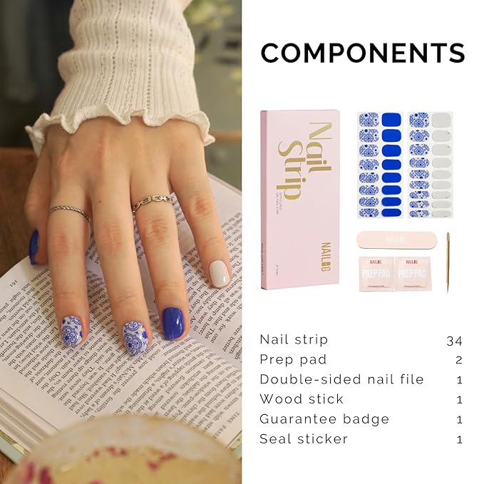 NAILOG Semi Cured Gel Strips - 34 Pcs Nail Stickers Buy 2 Get 1 UV Light | Long Lasting Wraps With Glossy Gel Finish Blue, Cerulean Porcelain