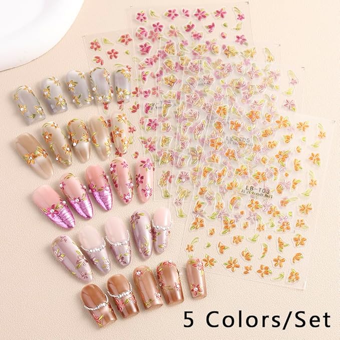 5 Sheets Bronzing Flower Nail Art Stickers Decals, Metallic Floral Leaf Plant 5D Embossed Nail Decals Self-Adhesive Nail Supplies Nail Art Design Decoration Accessories for Women and Girls