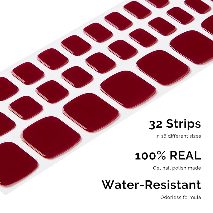 NAILOG Semi Cured Gel Nail Strips, Toe Nail Polish Strips with Glossy Gel Finishing | Buy 3 Get 1 UV Lamp| 32 Pieces Long Lasting Pedi Stickers | Rouge Noir