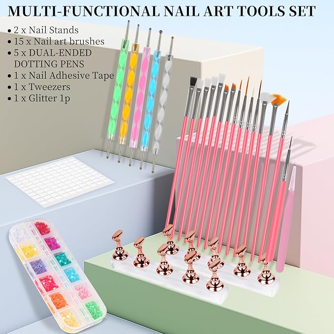 vivinin 25PCS Nail Art Tools Set, Includes Nail Art Brushes, Nail Stand, Dotting Tools, Striping Liner Fingernail Drawing Pens, Jelly Glue, tweezers, Sequins, Professional Nail Art Supplies Kit