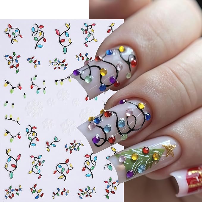 6 Sheets Christmas Nail Art Stickers Gingerbread Man Nail Stickers 3D Christmas Tree Santa Claus Nail Decals Winter Cartoon Christmas Light Design Nail Supplies for Women New Year DIY Manicure Decor