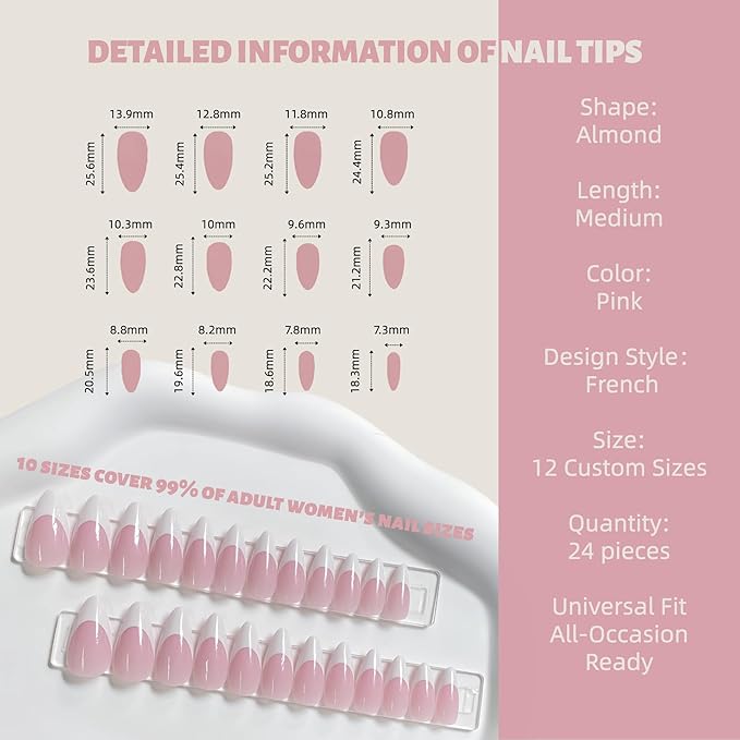 Medium Almond French Pink Press on Nails – 24PCS Glossy False Nail Tips in 12 Sizes | Soft Fit Back Edge & Hard Front | Glue on Acrylic Nails for Women | Reusable & Natural Look