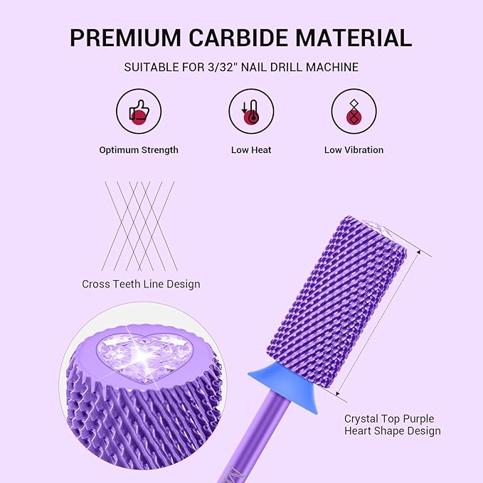 MelodySusie Large Barrel 3/32'' Tungsten Carbide Nail Drill Bit, Crystal Top Purple Heart Shape, Fast Remove Acrylic Gel, Cuticle Gel Polishing for Manicure Pedicure, Purple, Series Bit-S, Medium