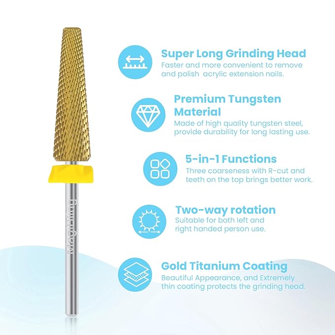 24mm Super Long 5 in 1 Nail Drill Bits, Professional 3/32'' Tungsten Carbide Bits, Fast Gel Removal for Long Acrylic Nails, Left Right Hand Use, Manicure Cuticle Hard Gel Polishing, Extra Fine