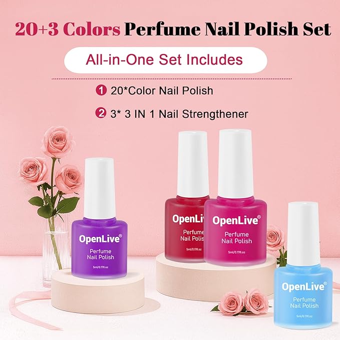 20 Color Perfume Nail Polish Set and 3 PCS Nail Strengthener, Red, Pink, Pueple and Green Quick Drying Nail Polish Set for Women Salon DIY Nail Art