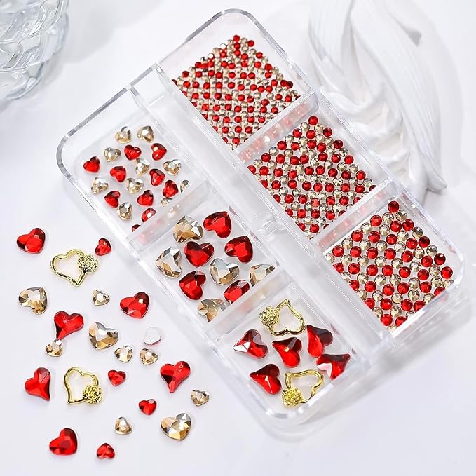 767Pcs Valentine's Day Nail Art Charms Gold Red Heart Rhinestones for Acrylic Nails Gems for Women Girls DIY Manicure Decoration