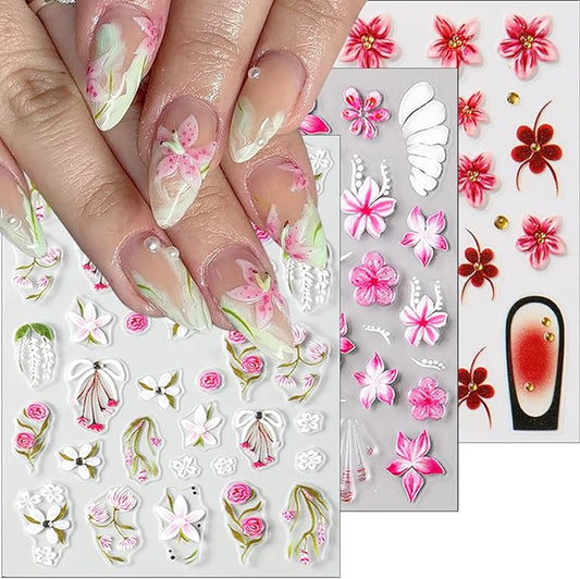 3Pcs Summer Flower Nail Art Stickers Decals 5D French Tip Nail Stickers Floral Nail Decals Colorful Flowers Nail Design Stickers Spring Cherry Blossom Nails Supplies for Women DIY Manicure Decor