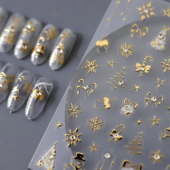 Christmas Nail Stickers 5D Embossed Gold Christmas Nail Decals Holiday Nail Art Stickers with Snowman Xmas Tree Star Snowflake Nail Design Christmas Nails Supplies for Women Girls