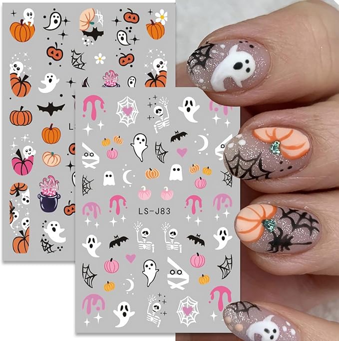 12 Sheets Halloween Nail Art Stickers Pumpkin Bat Nail Decals Ghost Cat Blood Designs Nail Stickers for Nails Art 3D Self-Adhesive Halloween Manicure Decoration for Women