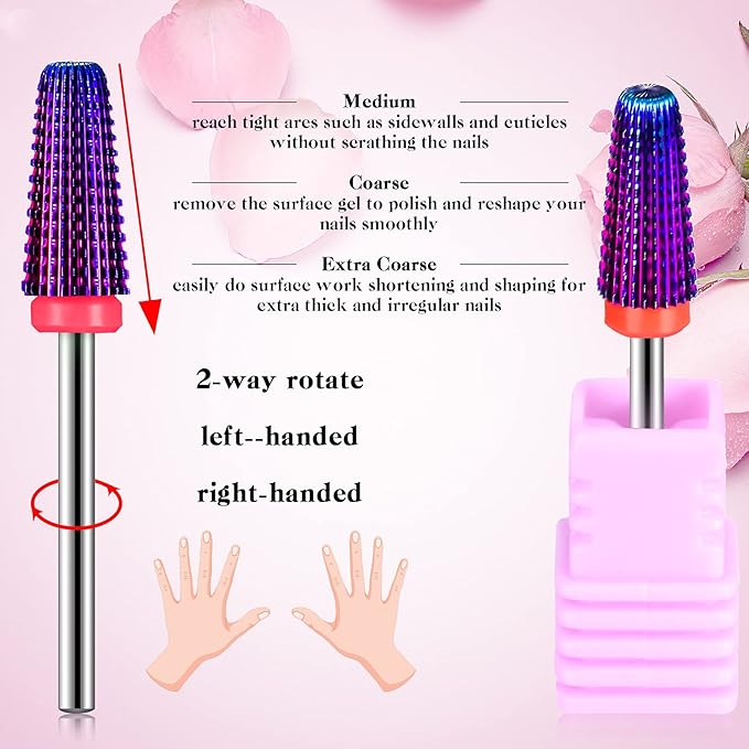 3 Pieces Nail Carbide 5 in 1 Bit, Nail Drill Bits Set-2 Way Rotate Use for both Left to Right Handed, 3/32 Inch Shank Size Drill Machine for Fast Remove Acrylic or Hard Gel (Purple)