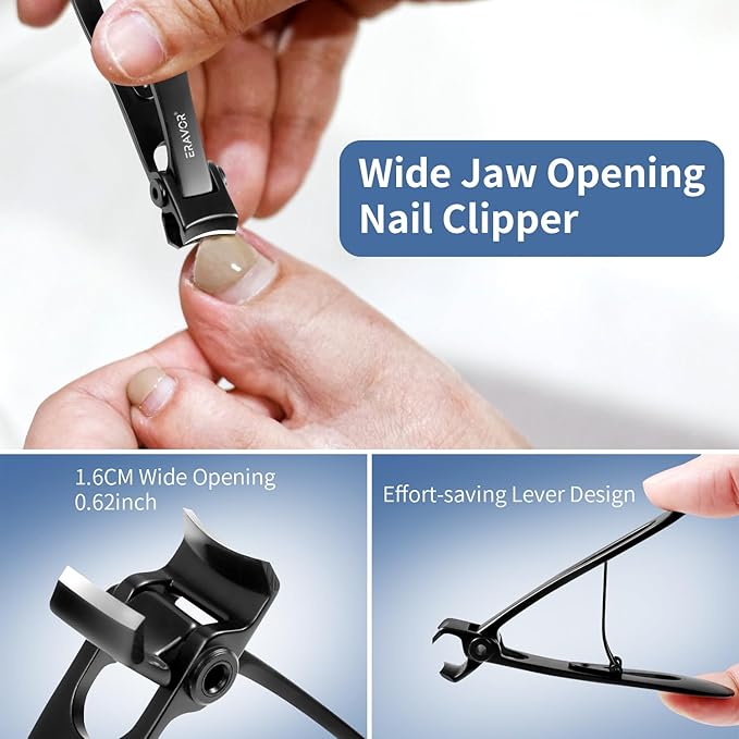 2025 Upgrade Nail Clippers Set – Ultra Wide Jaw (15mm) Toenail Clippers for Thick Nails, Premium 420 Stainless Steel, Long Handle, Anti-Splash Catcher, Safety Lock, Ideal for Seniors/Men/Women (Black)
