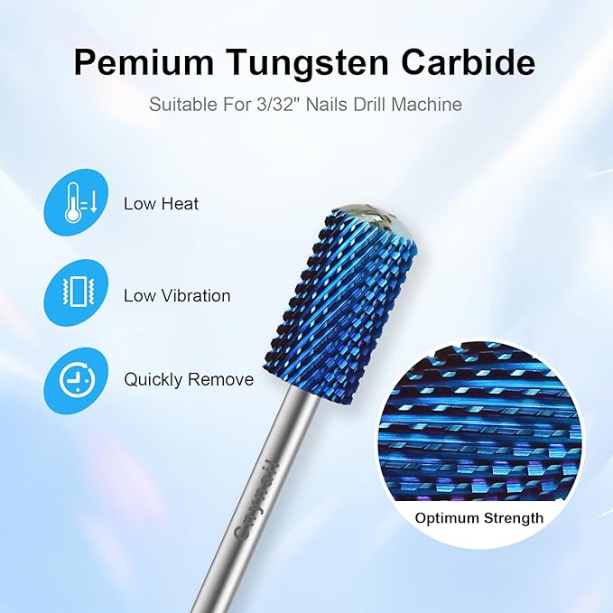 3/32" Large Barrel Smooth Round Top Tungsten Carbide Nail Drill Bit Safety Bit for Gel & Acrylic Removal, 2-Way Rotating Efile Tip, Salon Electric File Accessory (C Grit, Blue)