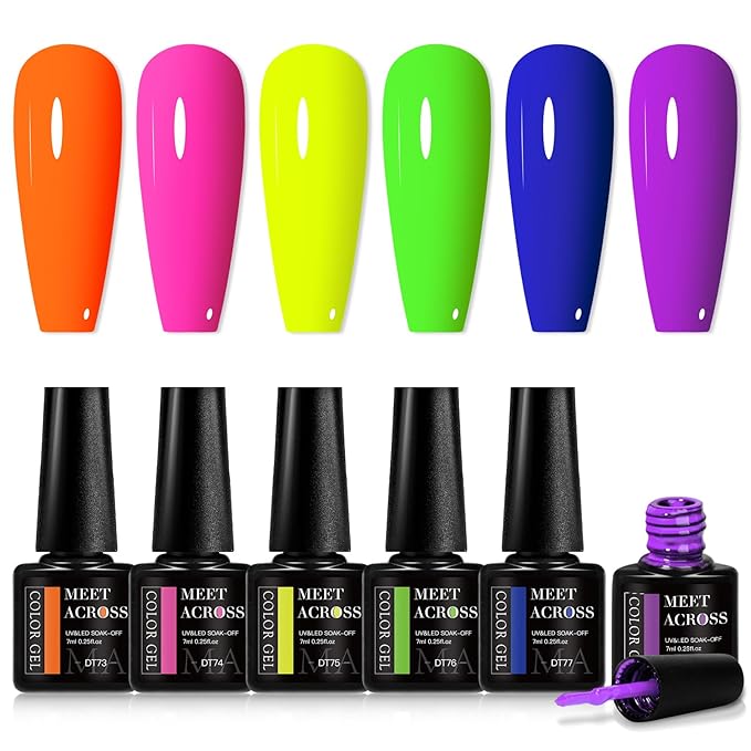 MEET ACROSS Neon Gel Nail Polish Set, 6 Colors Orange Yellow Green Blue Hot Pink Red Purple Spring Summer Fluorescent Gel Polish Home DIY Manicure Gift for Girls Women