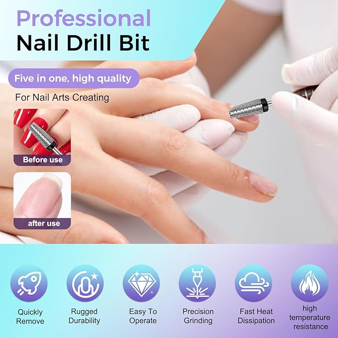 Fantexy 5 in 1 Nail Drill Bits,Professional 3/32" Shank Tungsten Steel Bits for Acrylic Nails,Manicure,Nail Art,Drill Machine,Both Left and Right Handed - Two Way Rotate Use (Extra Coarse - XC)