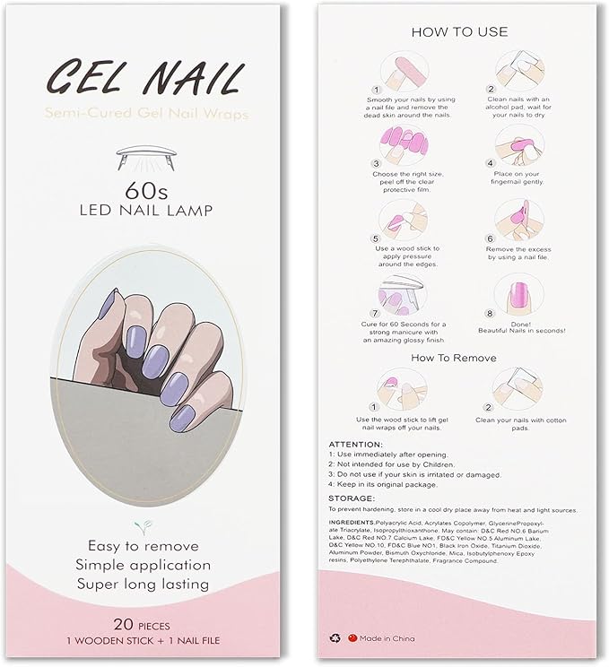 JMEOWIO Semi Cured Gel Nail Strips Cream Pale Purple Gel Nail Stickers Nails Art Design Decoration Accessories