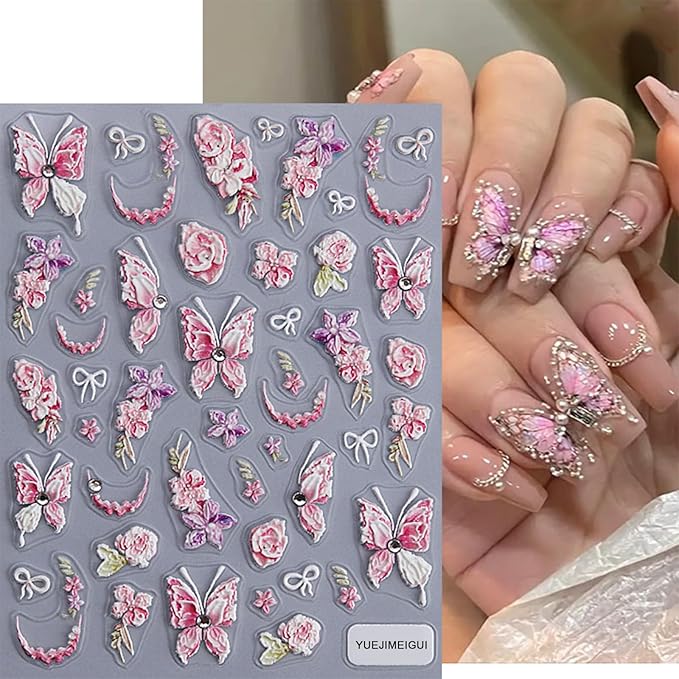 1 Sheets Butterfly Crystal Diamond Nail Art Stickers Embossed Butterfly Nail Decals French Flower Bow Design Self-Adhesive Pegatinas Uñas Nail Stickers Nail Decals for Women Spring Nails Decoration