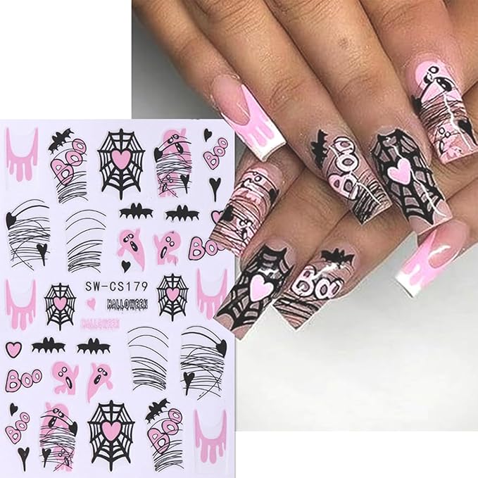 6 Sheets Halloween Nail Art Stickers,3D Cute Nail Decals White Ghost DIY Nail Tips Sticker for Halloween Party, Skull Pumpkin Star Ghost Bat Spider Web Self-Adhesive Designs Manicure Decorations