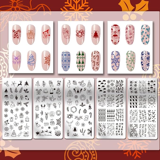 PH PandaHall 5pcs Christmas Nail Stamping Plate 128 Pattern Reindeer Snowman Snowflake Bell Nail Stencils Nail Art Stamping Plate Stainless Steel Print Nail Stencil for Nail Art Design Manicure Salon