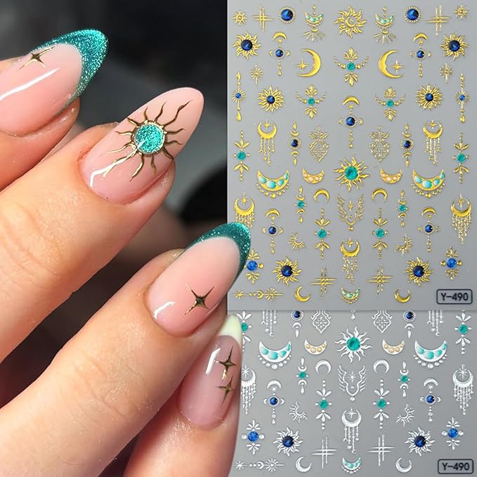 2Sheets Gold Silver Star Moon Nail Art Stickers 3D Gold Silver Sun Nail Decals with Blue Green Rhinestone Designs Nail Stickers for Acrylic Nails Self-Adhesive Gem Sun Nail Decal for Women Nails Decor