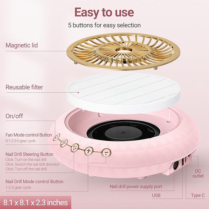 Nail Dust Collector 5000RPM Quiet Vacuum Fan - 30000RPM Nail Drill Electric File with Multiple Professional Grinder Bits(2 in 1 Set),Home & Salon Manicure - Beginners & Pros