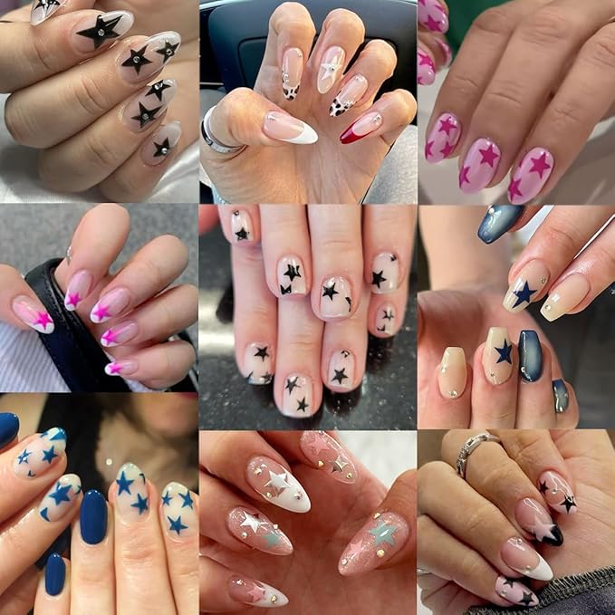 6Pcs Star Nail Stickers 3D Self Adhesive Glitter Stars Nail Decals Shiny Gold Silver Black White Pink Blue Stars Nail Design Sticker Holographic Cute Nail Art Stickers for Women DIY Manicure Supplies