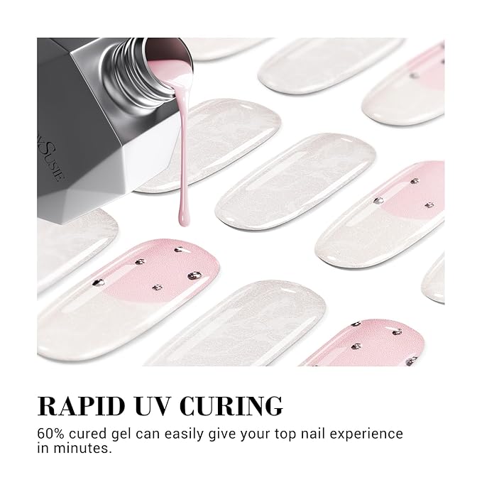 MelodySusie 30PCS Semi Cured Gel Nail Strips (Pearl White French Tips), Works with Nail lamp, Salon Quality, Long Lasting, Easy to Apply and Remove, Includes 2 Prep Pads, Nail File and Wooden Stick