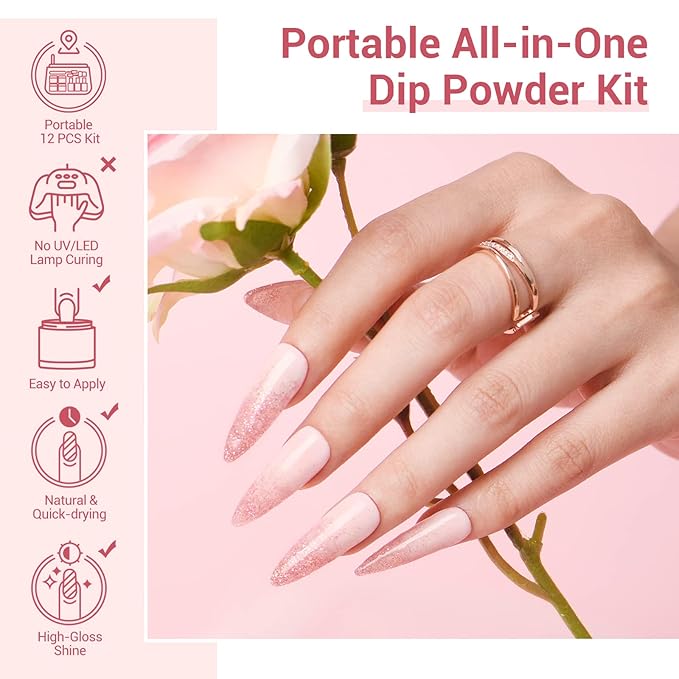 AZUREBEAUTY Dip Powder Nail Kit Starter, 4 Colors Pink Tones Dipping Powder Set, French Nail Art Base Top Coat Activator Liquid All Seasons Manicure DIY Salon 12 PCS