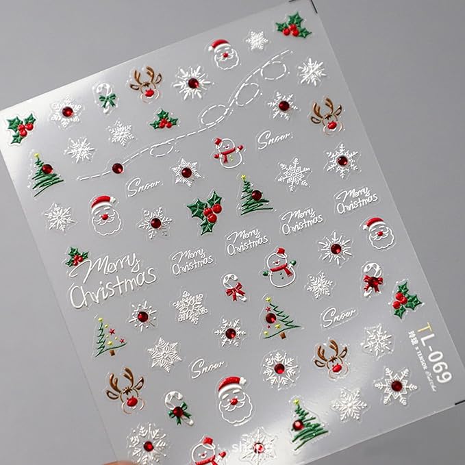 Christmas Nail Art Stickers Decals 5D Embossed Cute Santa Claus Snowman Nail Stickers Self-Adhesive Winter Snowflake Nail Decal with Red Rhinestones Charms Designs Nail Sticker for Women Nails Decor