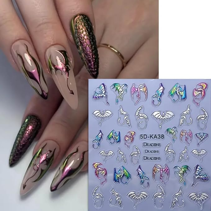 Halloween Bat Nail Art Stickers 5D Embossed Colorful Silver Bats Dragon Nail Decals Self-Adhesive Laser Gothic Dragons Nail Designs Manicure Sliders Halloween Nail Supplies for Women Nail Decor, 2PCS
