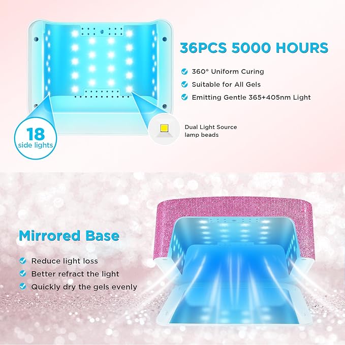 Aedavey Cordless UV Nail Lamp, Rechargeable UV Light for Gel Nails, LED Nail Lamp with 4 Timer Modes, Gel Nail UV Light Decorate with Sparkling Nail Rhinestones