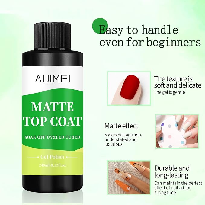 AIJIMEI Elegant Satin Matte Top Coat for Nails Finish Nail Polish Matte Nail Top Coat, Long-Lasting Nail Polish Matte Top Coat & Quick-Dry Top Coat Satin Matte TopCoat 8 Fl Oz