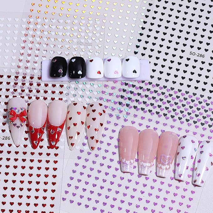 6 Sheets Heart Nail Art Stickers Decals Black White Red Laser Silver Heart Nail Stickers for Women Valentines Nail Art Supplies 3D Self Adhesive Romantic Hearts Sticker Design Manicure Decoration