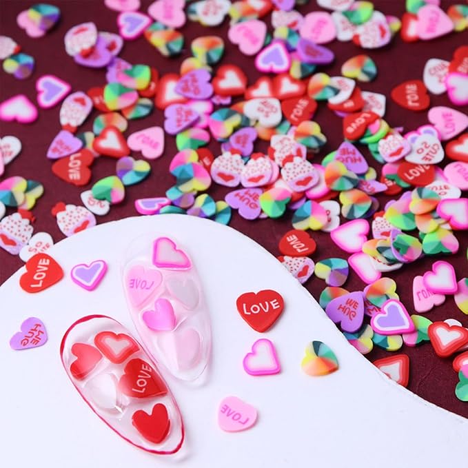 480Pcs Colorful Heart Nail Art Charms for Manicure Decoration Valentine's Day 3D Pink Red Heart Polymer Clay Nail Charms Bag-Packed Love Soft Clay Slices Nail Art Accessories Mixed Style DIY