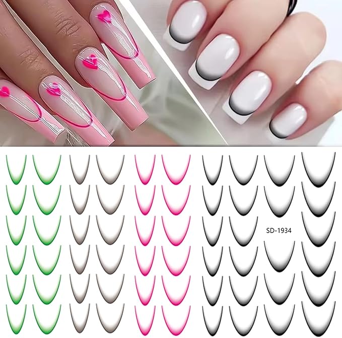12Sheets Gradient French Line Nail Stickers, Colorful Stripes Line Transfer Decals Curved Lines Nail Art Designs Self-Adhesive Nail Tips Guides Fashion Nail Accessories Gel Polish Wraps Stencil Tools