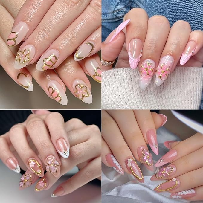 6Pcs Cherry Blossom Nail Art Sticker Decals Gold French Line Design Floral Stickers Flower Nail Stickers Peach Blossom Nails Decals Cute Manicure Decoration for Women DIY Spring Nails Supplies Charms