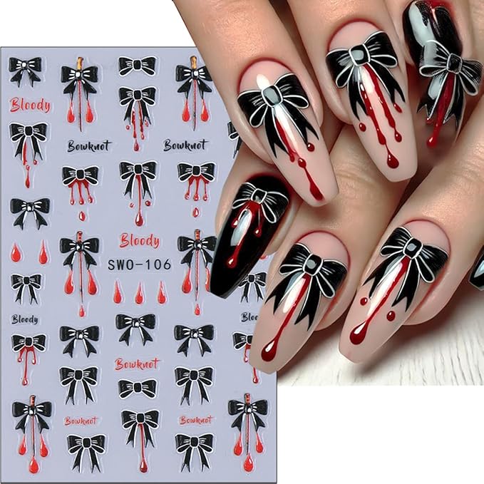 4Sheets Halloween Nail Art Stickers 5D Self Adhesive Black Red Bow Nail Decals with Drill Blood Drop Spider Web Nail Stickers Halloween Gothic Design Holiday Nail Decoration Accessories for Women