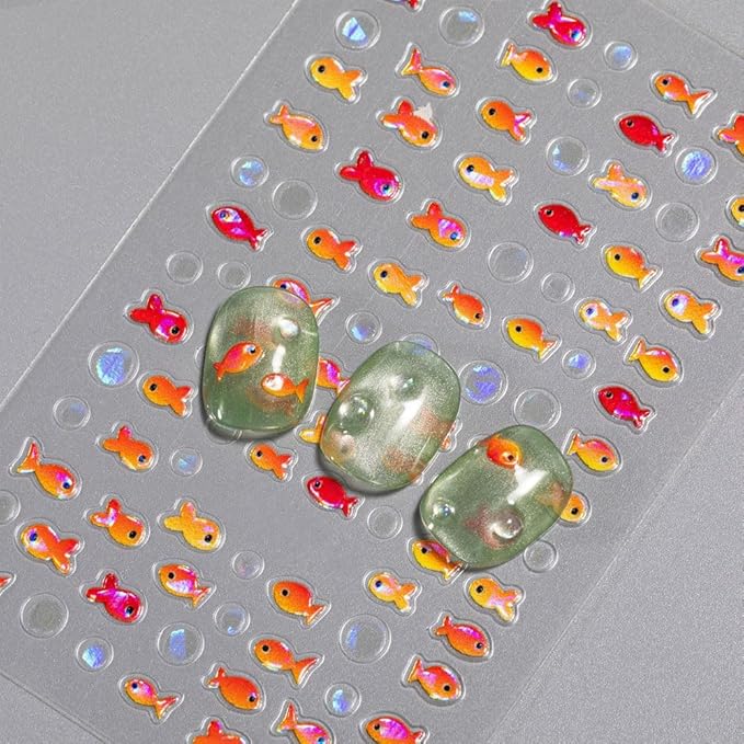 2 Sheets Red Fish Nail Art Stickers, 5D Embossed Jelly Bubble Goldfish Nail Decals Self Adhesive Koi Fish Design Manicure Sticker for Women Girls Summe Nail Accessories