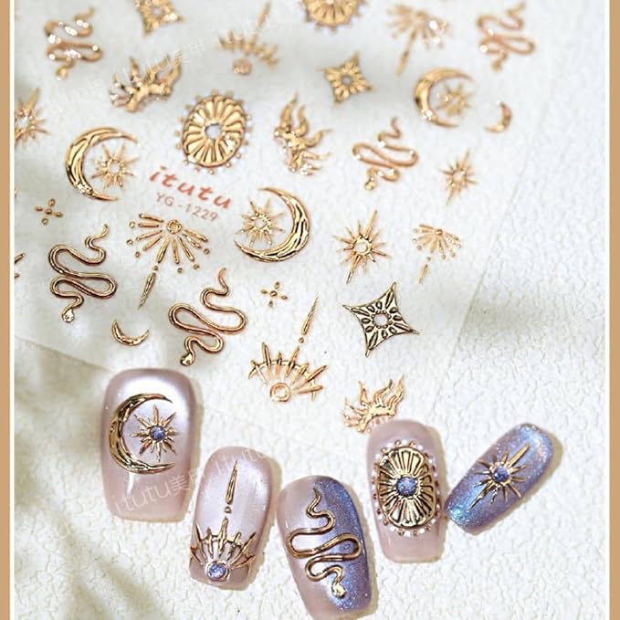5D Embossed Nail Sticker Gold Snake Nail Art Sticker Self Adhesive Nail Decals Bronzing Stars Moon Star Nail Art for Women Girls Manicure Supplies Nails Art Decorations