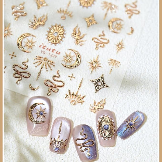5D Embossed Nail Sticker Gold Snake Nail Art Sticker Self Adhesive Nail Decals Bronzing Stars Moon Star Nail Art for Women Girls Manicure Supplies Nails Art Decorations